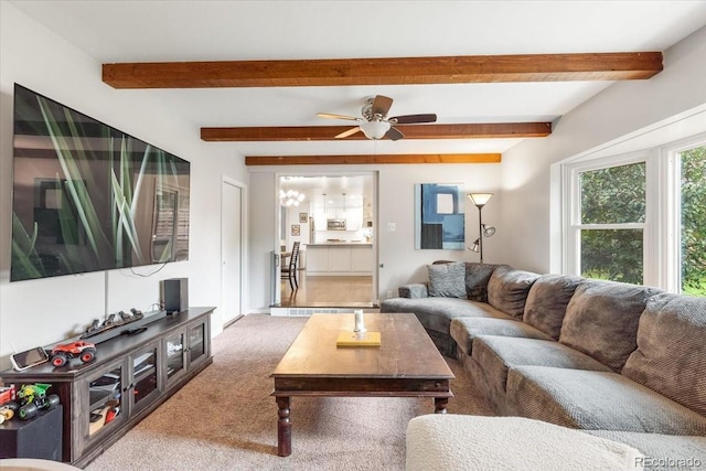 10833 W 61st Ave, Arvada, CO 80004 - living room with carpet, beamed ceiling, and ceiling fan