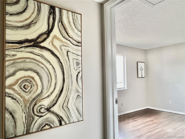 detailed view of wood finished floors, baseboards, and a textured ceiling