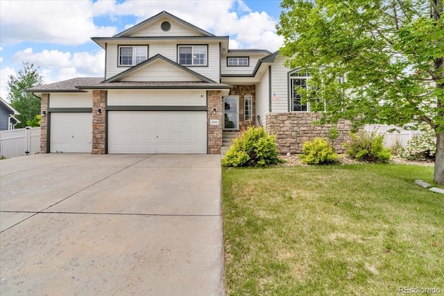 5286 Rustic Ave, Firestone, CO 80504 - view of front of house with concrete driveway, an attached garage, stone siding, and roof with shingles
