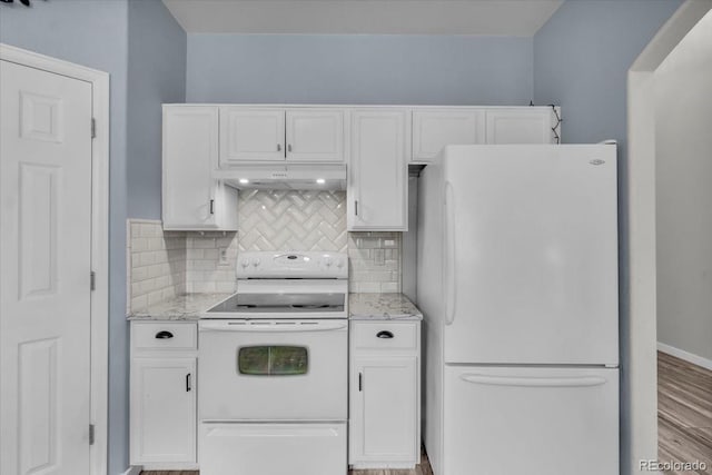 5286 Rustic Ave, Firestone, CO 80504 - kitchen featuring white appliances, white cabinets, under cabinet range hood, and decorative backsplash
