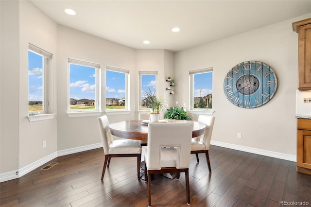 5954 Black Lion Ct, Windsor, CO 80550 - dining room with baseboards, dark wood-type flooring, and recessed lighting