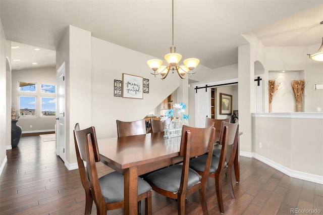 5954 Black Lion Ct, Windsor, CO 80550 - dining space with dark wood-style floors, baseboards, a barn door, recessed lighting, and a chandelier