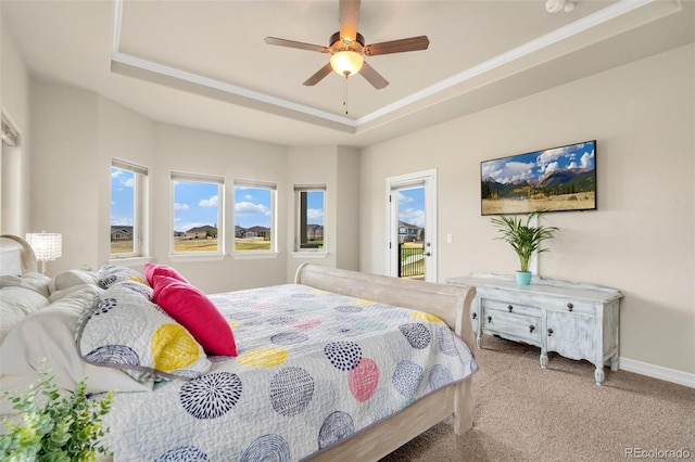 5954 Black Lion Ct, Windsor, CO 80550 - bedroom with a raised ceiling, carpet flooring, access to exterior, baseboards, and ceiling fan