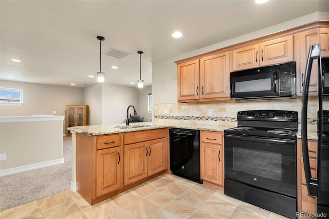 5954 Black Lion Ct, Windsor, CO 80550 - kitchen with black appliances, a sink, a peninsula, light stone counters, and recessed lighting