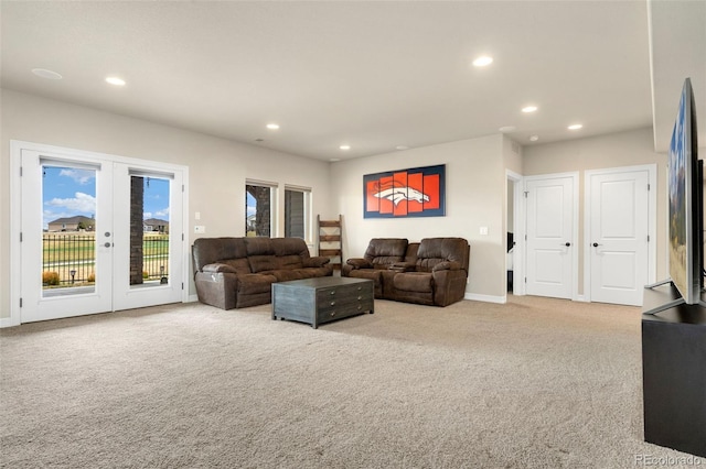 5954 Black Lion Ct, Windsor, CO 80550 - living room featuring carpet, recessed lighting, french doors, and baseboards