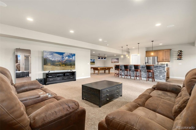 5954 Black Lion Ct, Windsor, CO 80550 - living room with light colored carpet, pool table, baseboards, and recessed lighting
