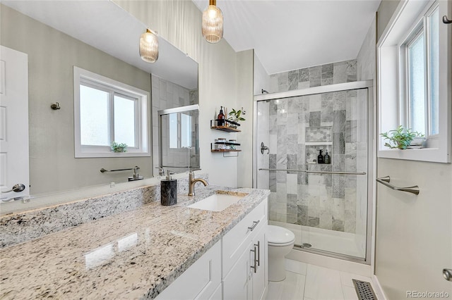 full bathroom featuring visible vents, a shower stall, vanity, and toilet