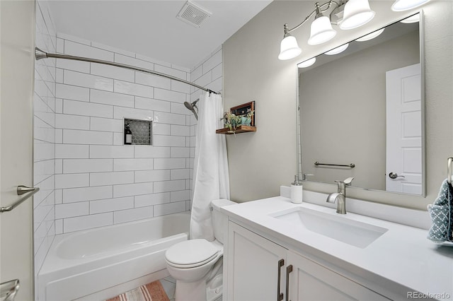 full bath with visible vents, toilet, vanity, and shower / bathtub combination with curtain