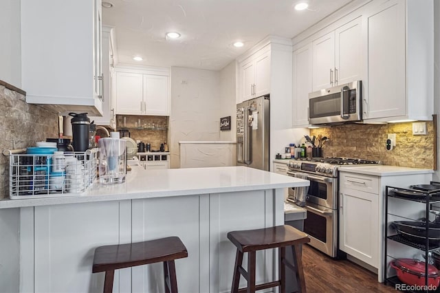 1295 S Downing St, Denver, CO 80210 - kitchen with appliances with stainless steel finishes, a peninsula, tasteful backsplash, and recessed lighting