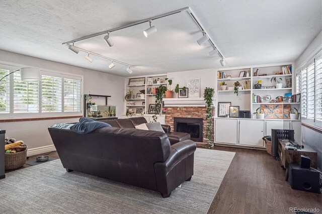 1295 S Downing St, Denver, CO 80210 - living area featuring dark wood finished floors, a fireplace, and track lighting