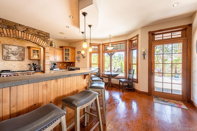 kitchen featuring tasteful backsplash, glass insert cabinets, a breakfast bar area, hanging light fixtures, and dark wood-style floors