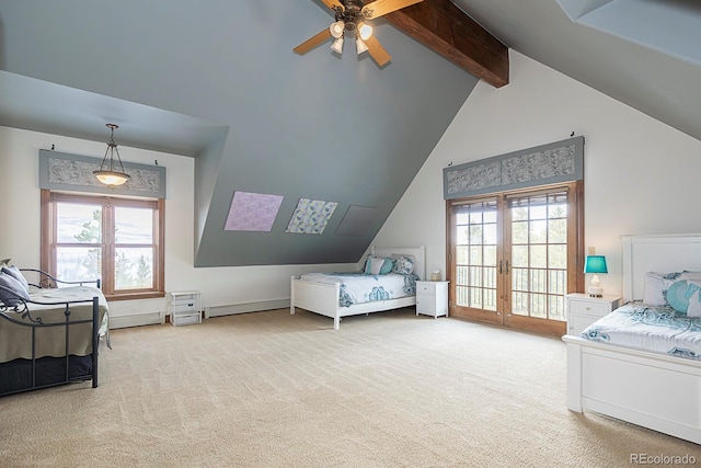 bedroom with access to outside, multiple windows, french doors, and carpet floors