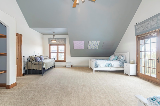 bedroom featuring a baseboard heating unit, baseboards, carpet floors, and ceiling fan