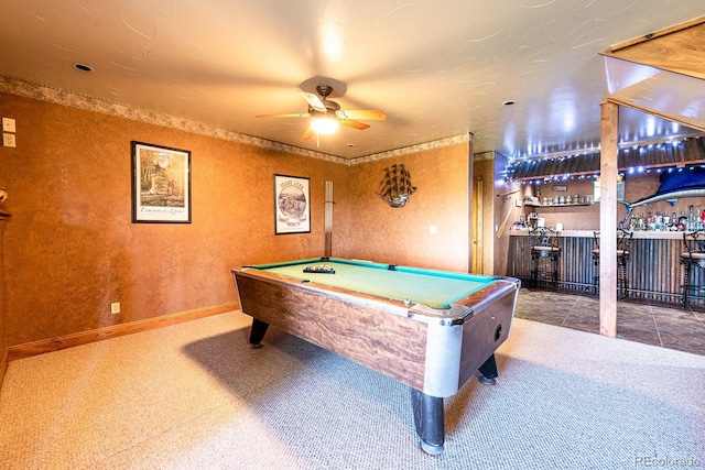 game room with baseboards, billiards, a dry bar, and a ceiling fan