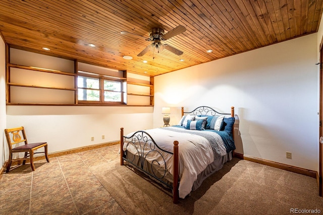 bedroom featuring recessed lighting, wood ceiling, and baseboards