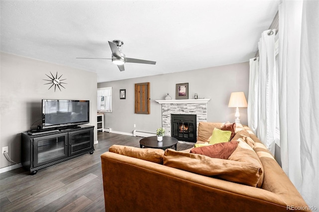 1391 Elmira St, Aurora, CO 80010 - living room featuring a baseboard heating unit, dark wood-style floors, a fireplace, and ceiling fan
