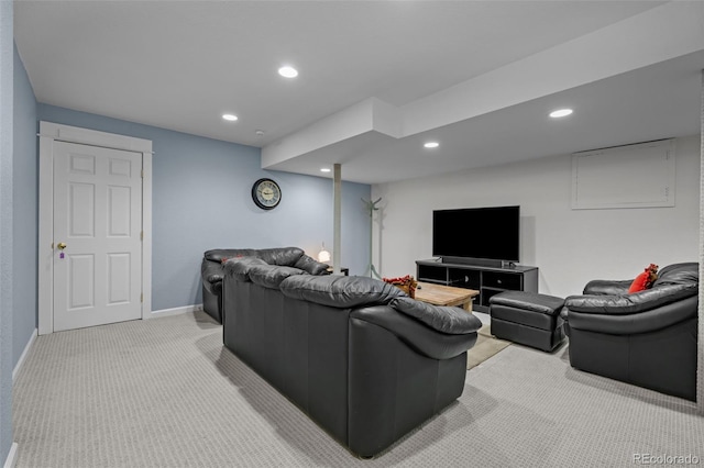 living room featuring light colored carpet