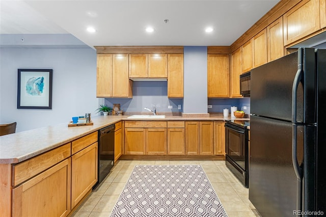 kitchen featuring light tile patterned flooring, sink, kitchen peninsula, and black appliances