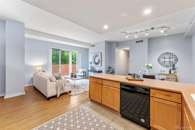 kitchen with track lighting, dishwasher, and light hardwood / wood-style floors