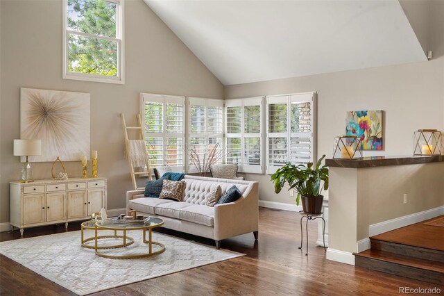 7836 S Fairfax Ct, Centennial, CO 80122 - living room featuring high vaulted ceiling, dark wood finished floors, plenty of natural light, and baseboards