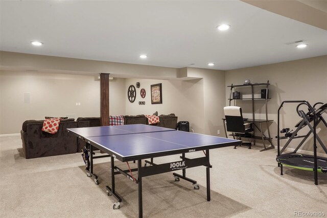 7836 S Fairfax Ct, Centennial, CO 80122 - recreation room with baseboards, visible vents, recessed lighting, and light colored carpet