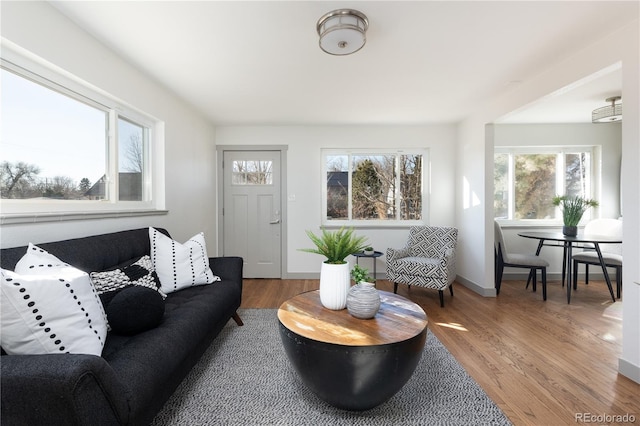 living room featuring baseboards and wood finished floors