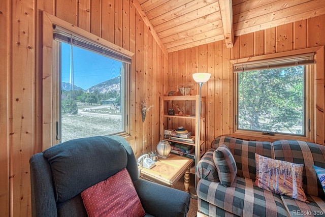 sitting room with wood ceiling, lofted ceiling, plenty of natural light, and wooden walls