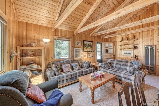 living room with wood walls, wood ceiling, and vaulted ceiling with beams