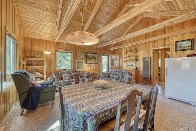 dining room with wood ceiling, wood walls, and vaulted ceiling with beams