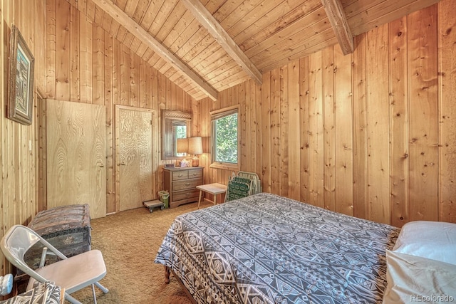 carpeted bedroom featuring wood ceiling, wood walls, and lofted ceiling with beams