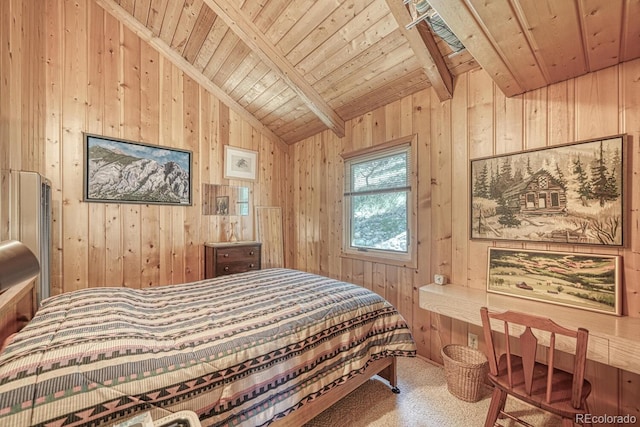 carpeted bedroom featuring lofted ceiling with beams, wood ceiling, and wood walls