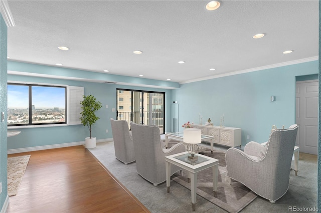 living room with ornamental molding, light hardwood / wood-style flooring, and a textured ceiling