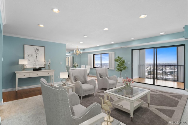 living room featuring hardwood / wood-style floors and a chandelier