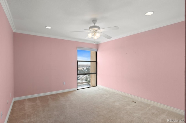 carpeted spare room with ceiling fan and crown molding