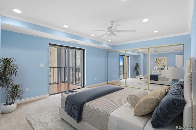 bedroom with french doors, ceiling fan, carpet floors, access to exterior, and ornamental molding