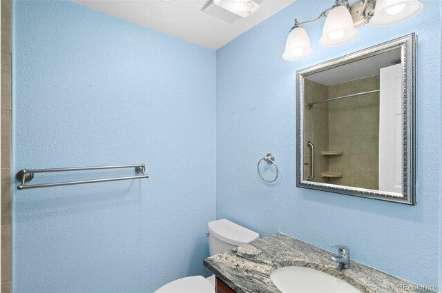 bathroom with a shower, vanity, and toilet