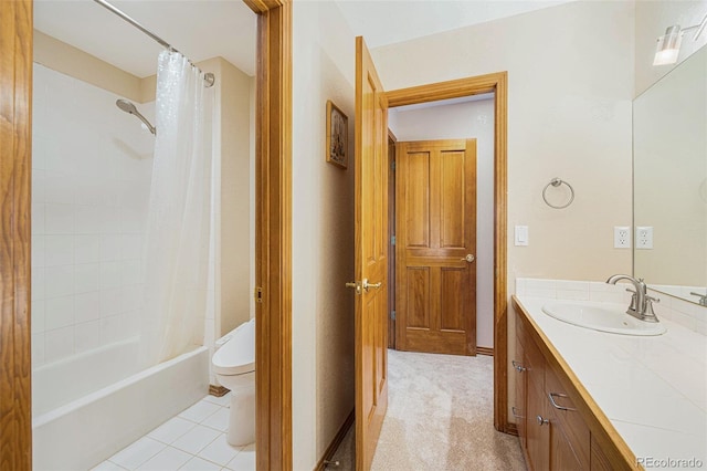 full bathroom with shower / bath combo with shower curtain, toilet, tile patterned flooring, and vanity