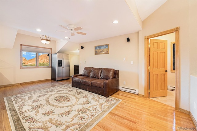 living area with recessed lighting, a baseboard radiator, light wood finished floors, and ceiling fan