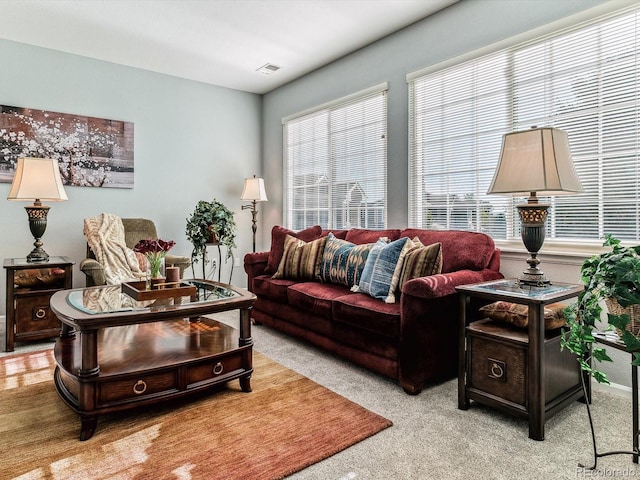 living room with light carpet