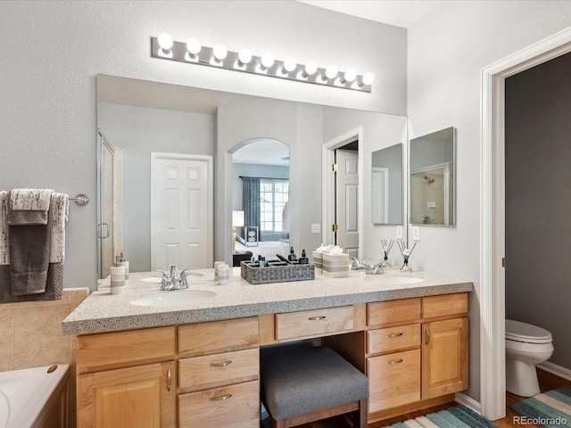 full bathroom with toilet, separate shower and tub, and vanity