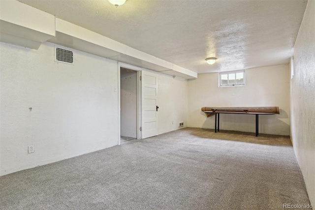 2709 S Franklin St, Denver, CO 80210 - below grade area featuring carpet flooring, a textured ceiling, and a textured wall