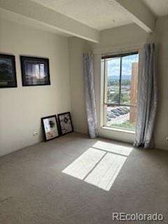 carpeted empty room with beam ceiling