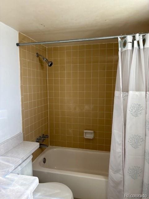 bathroom with toilet and shower / bathtub combination with curtain