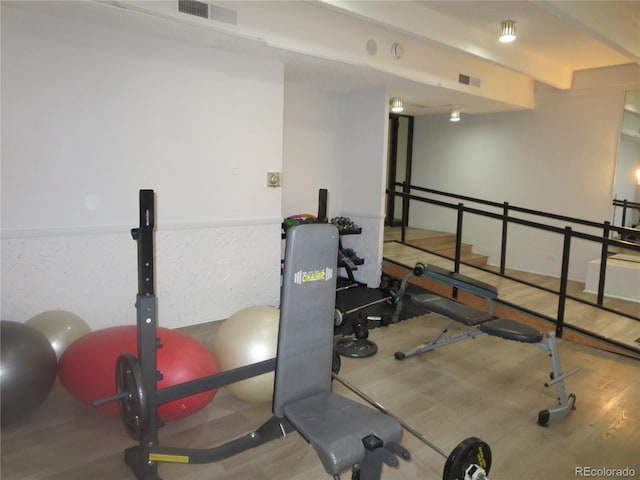 exercise room featuring wood-type flooring