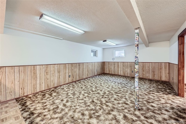 basement featuring a wainscoted wall, carpet flooring, a textured ceiling, and wood walls