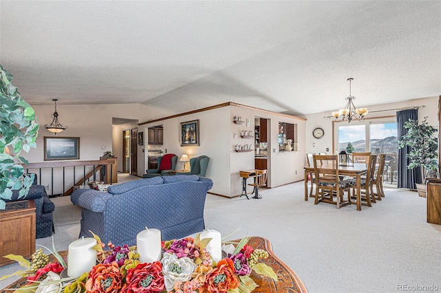 1095 Lake Woodmoor Dr, Monument, CO 80132 - living area featuring a chandelier, light colored carpet, vaulted ceiling, a textured ceiling, and baseboards