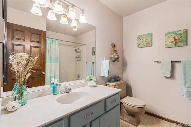 1095 Lake Woodmoor Dr, Monument, CO 80132 - bathroom with toilet, vanity, a shower with curtain, baseboards, and tile patterned floors
