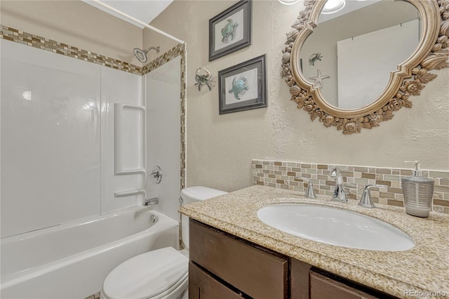 14034 E Utah Cir, Aurora, CO 80012 - bathroom with decorative backsplash, toilet, a textured wall, shower / tub combination, and vanity
