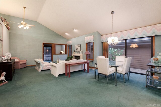 7500 E Dartmouth Ave Unit 16, Denver, CO 80231 - carpeted dining room featuring a chandelier, ceiling fan, and high vaulted ceiling