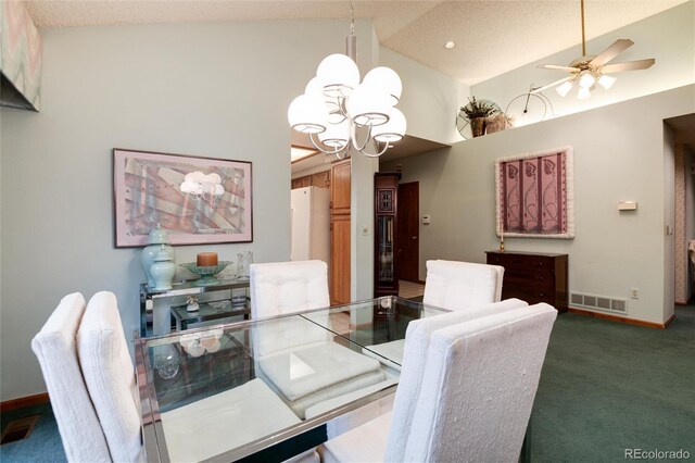 7500 E Dartmouth Ave Unit 16, Denver, CO 80231 - dining space featuring high vaulted ceiling, carpet, a chandelier, baseboards, and a ceiling fan
